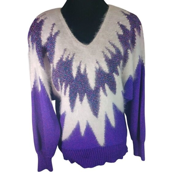 Vintage 80s Hollywood Luxury Purple Metallic White Angora Pearls Sweater M - Picture 4 of 16